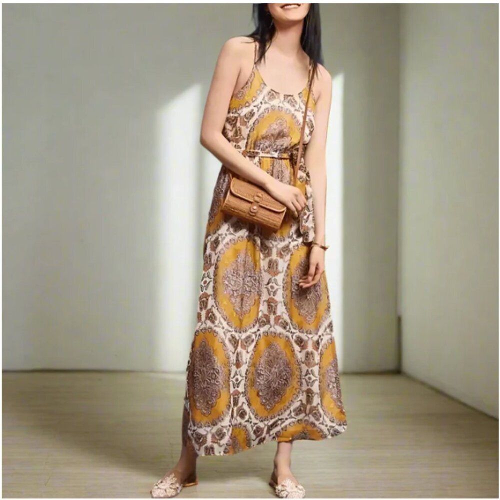 Anthropologie Boho Maxi Halter Dress Yellow Gold Metallic Chiffon L